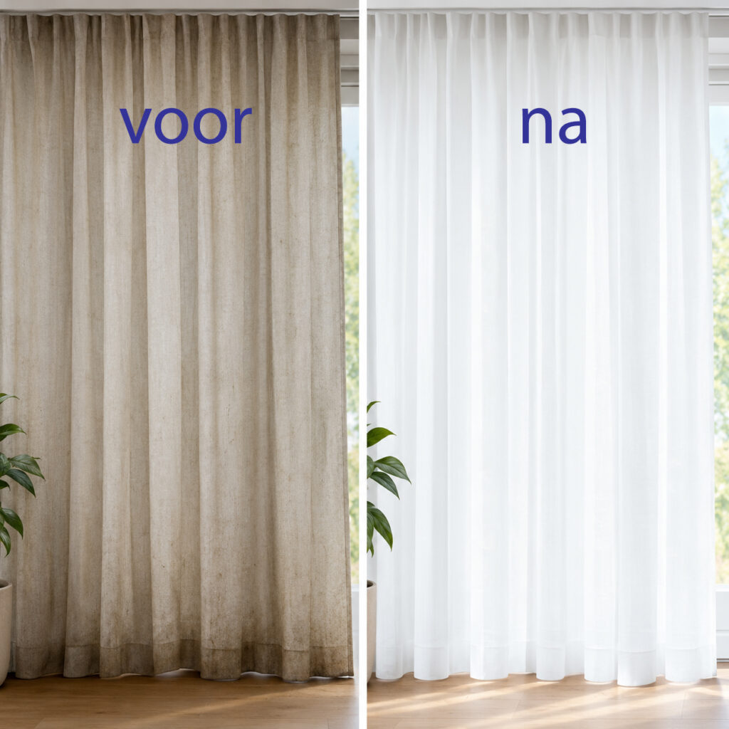 Voor en na resultaat van professioneel gereinigde en gestoomde gordijnen door Stomerij Panda